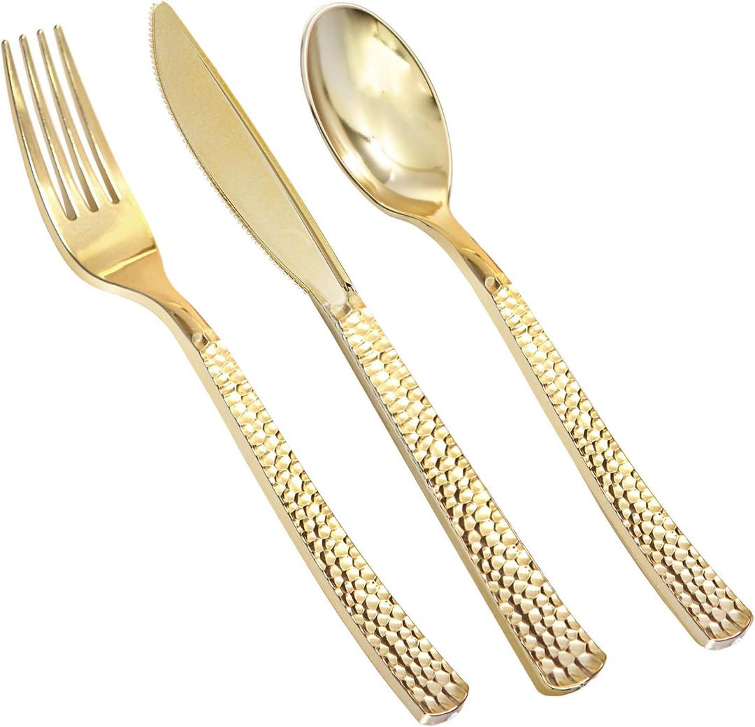 Supernal 180pcs Gold Plastic Silverware Set, Elegant Hammered Design Disposable Cutlery (60 Forks, 60 Spoons, 60 Knives), Heavy Duty Plastic Utensils for Weddings, Graduation Parties 2026 & Catering