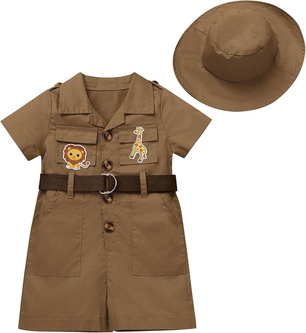 Baby Safari Outfit Wild One Birthday Outfit Girl Short Sleeve Safari Jumpsuit with Hat Toddler Zoo Keeper Outfit (18-24 Months, Brown)