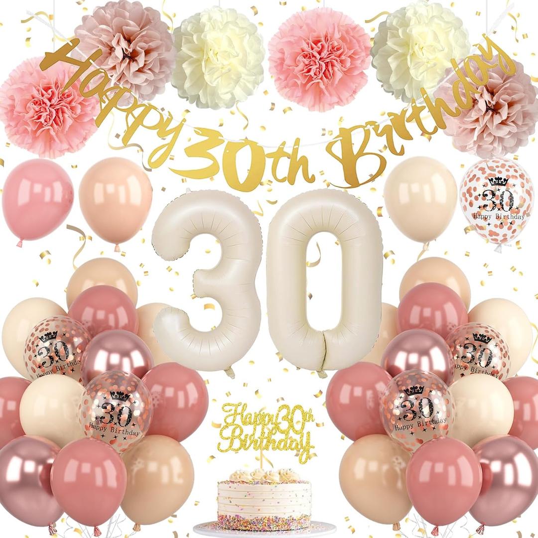 30th Birthday Decorations for Women Retro Blush Pink Birthday Balloons Happy 30th Banner Cake Topper Pom Pom Nude Rose Gold Number 30 Balloon for Her 30 Years Old Bday Party Decoration Supplies