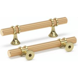 Haliwu 10 Pack Gold Cabinet Pulls, 3 inch Knurled Cabinet Pulls, Champagne Gold Handles Brushed Brass Handles for Dresser, Kitchen Hardware Drawer Knobs (3-inch (76mm) hole spacing)