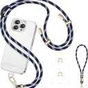 Cell Phone Lanyard Adjustable Crossbody Phone Lanyard *1 Phone Wrist Strap *1 with Deluxe Gold Matal Buckle + Clear Tether Tabs *2 for Shopping Travelling Blue White