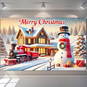 Merry Christmas Banner Snowman Train Holiday Decor Winter Wonderland Scene Christmas Tree for Home Decoration 71x43 Inches Festive Seasonal Wall Hanging for Living Room Bedroom