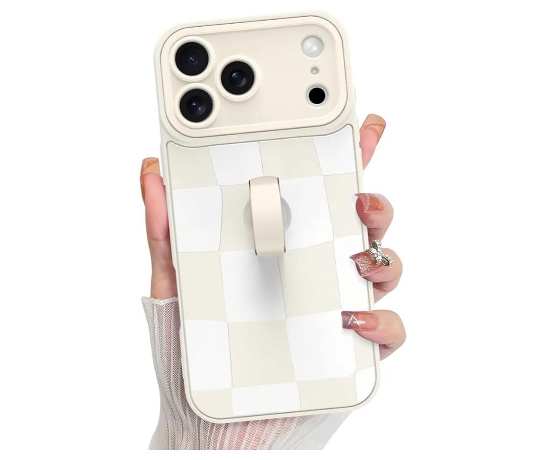 KANGHAR Compatible with iPhone 17 Pro Max Case 2025, Silicone Checkered Cute Pattern, Wristband Kickstand Camera Protection Soft Slim Cover for Girls Women -White