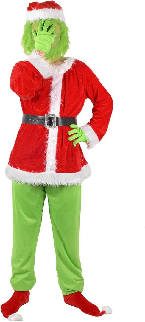 ioFlask Green Monster Costume Christmas Adult, Halloween Outfit for Woman Men, Green Costume Santa Claus Cosplay 7PCS (Large)