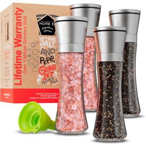 Home EC Original Stainless Steel Sea Salt and Pepper Grinder Set of 4 - Adjustable Ceramic - Tall Glass Salt and Pepper Shakers Mills - Modern Kitchen Spice Mill W/Funnel & EBook