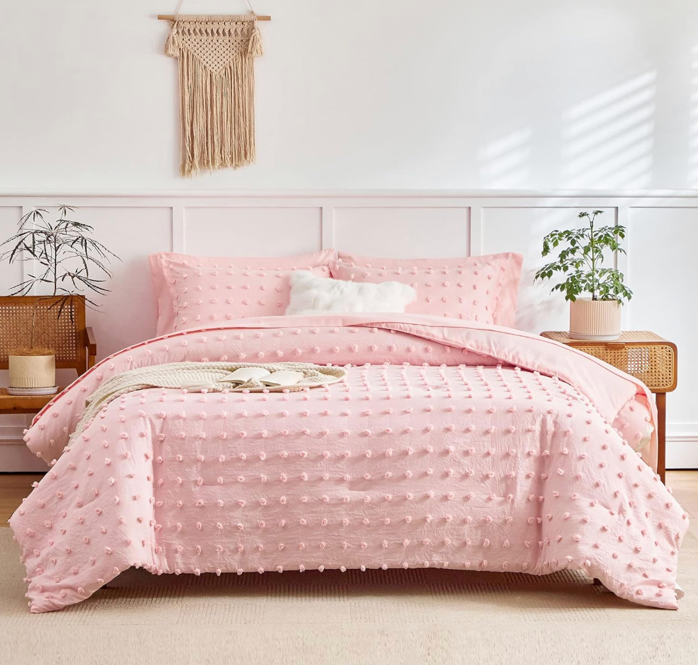 6 Pieces Tufted Dots Bed in a Bag Twin Comforter Set Girls Pink , Soft and Embroidery Shabby Chic Boho Bohemian Comforters, Luxury Solid Color with Pom Pom Design, Jacquard Tufts Bedding Set for Kids