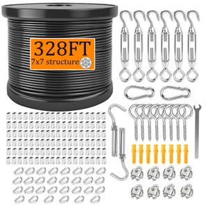 328ft Wire Rope Kit, 1/16" Nylon Coated Stainless Steel 304Wire Rope with Turnbuckles, Crimping Sleeves, Stainless Steel Thimbles, Eye Screws for Outdoor String Lights, Railing, Decking, Garden