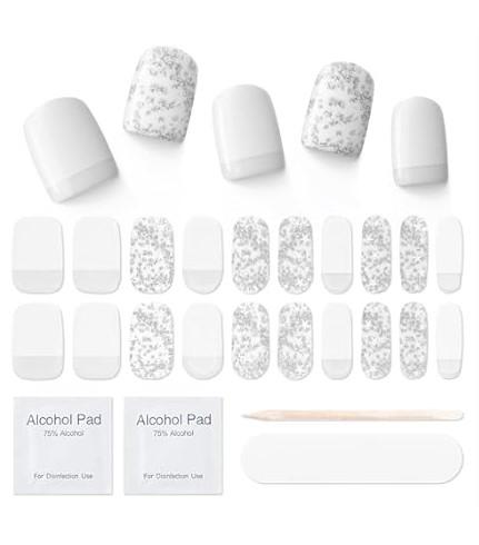 Semi Cured Gel Nail Strips|Works with Any UV/LED Lamps|20 Pcs Gel Nail Stickers|Long-Lasting Two Weeks and Easy to Apply & Remove|White Winter