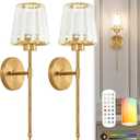 Gold Battery Operated Wall Sconces Set of 2 with Remote, Crystal Wireless Sconce with Rechargeable LED Magnetic Bulb, Dimmable 3CCT & 12 RGB Wall Lights for Bedroom, Living Room, Hallway, Staircase