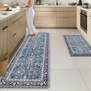 Arttown Kitchen Mats for Floor 2Pcs-Anti Fatigue Non Slip Mats for Kitchen Floor, Cushioned Waterproof & Stain-Resistant Boho Stripe Mat Set, Laundry Room, Office, Sink, Desk (Blue)
