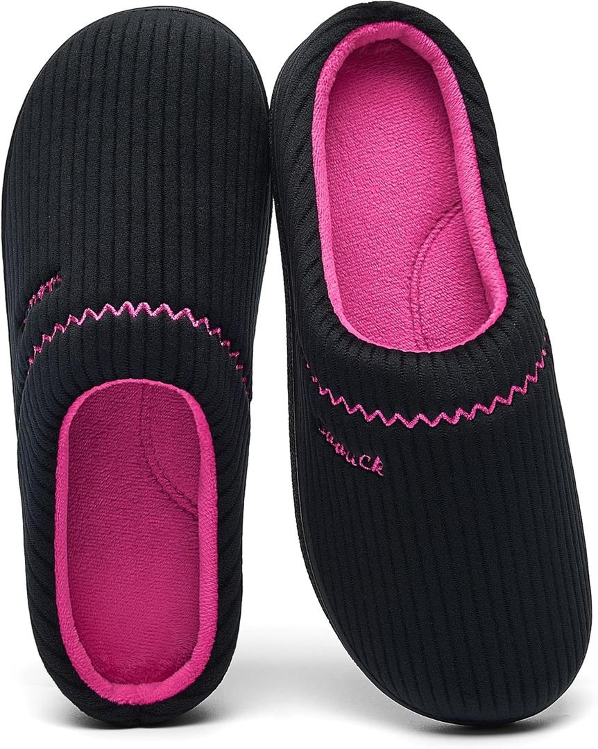 House Slippers for Women with Arch Support | Memory Foam Non-Slip, Two Tone Embroidered Soft Home Slippers, All Season Comfort (9, Black-pink)