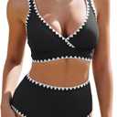 ZAFUL Womens High Waisted Bikini Sets Floral Print Whip Stitch 2 Piece Swimsuits V-Neck Crisscross Tie Back Bathing Suit, Black, X-Large