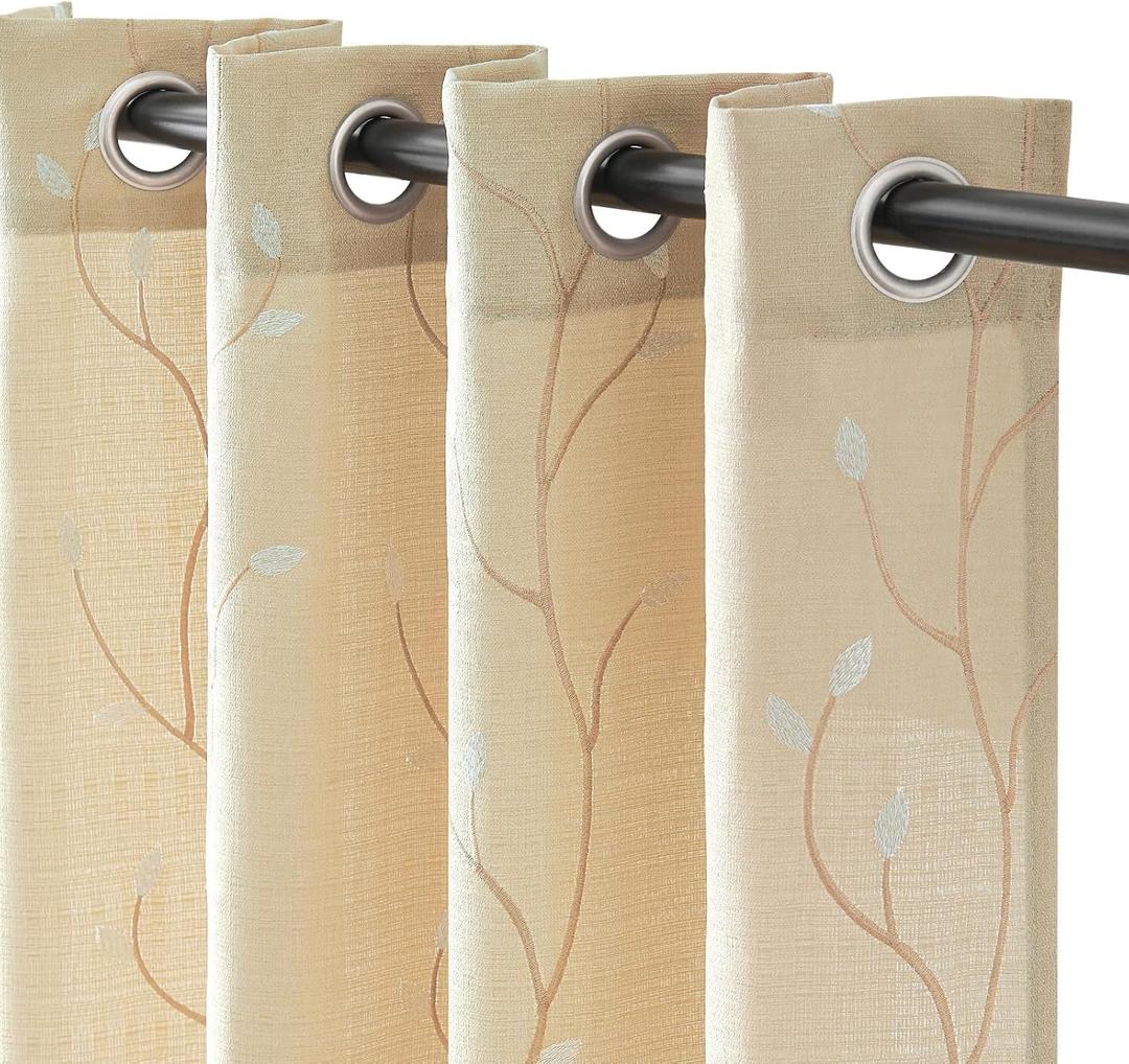 jinchan Beige Semi Sheer Curtains for Bedroom 84 Inch Length Floral Embroidered Drapes for Living Room Ligh Filtering Embroidery Grommet Window Curtain Panels Set Beige (55"W x 84"L (Pack of 2))