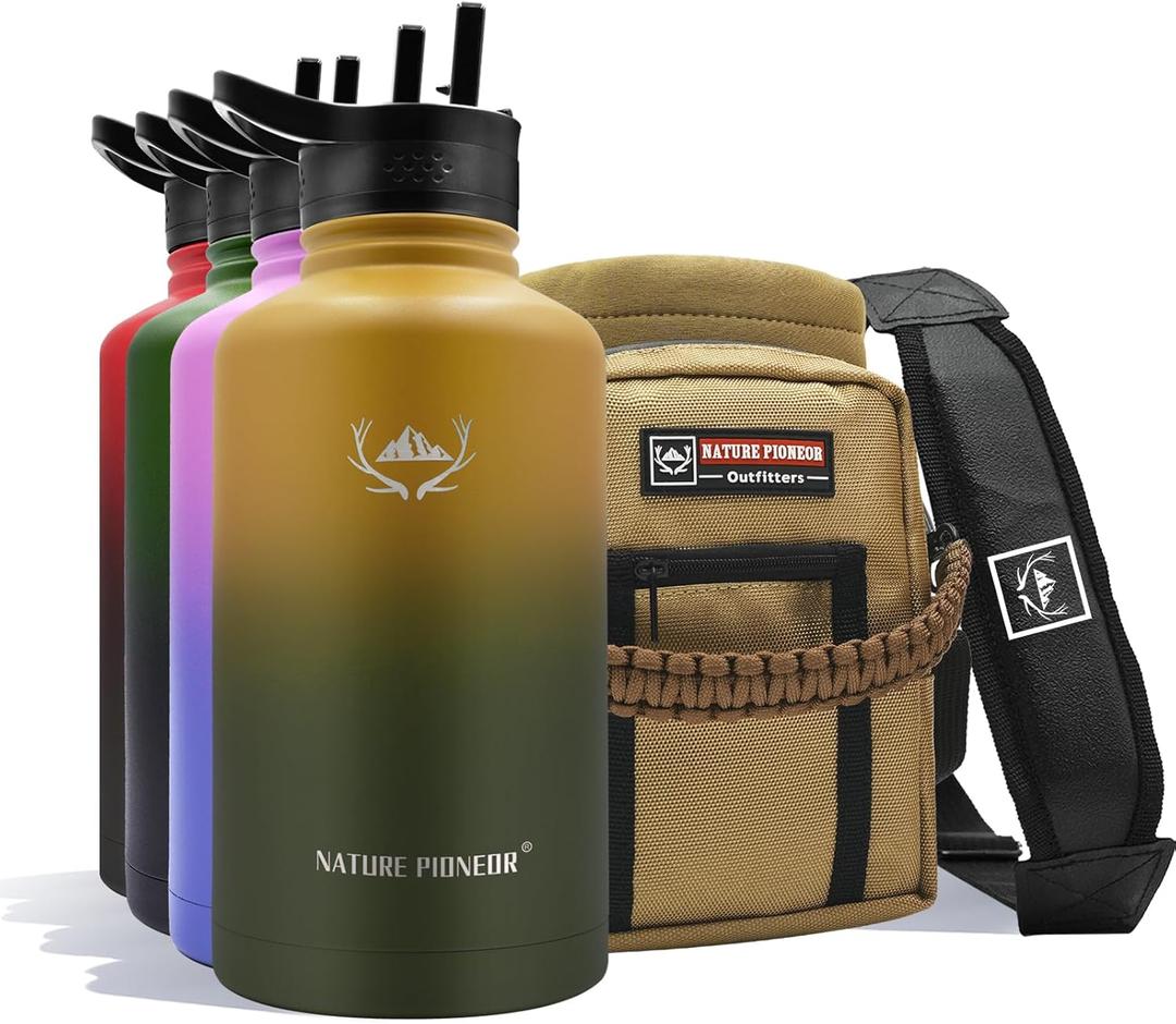 NATURE PIONEOR Insulated Water Bottles with Straw - 64oz Stainless Steel Vacuum Bottle with Holder/Carrier/Sleeve - Reusable 18/8 Food Grade Thermos Water Jug (Forest Green)