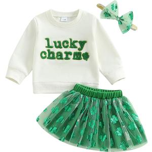Amnnchya Toddler Baby Girl St Patricks Day Outfit Little Girl Clothes Skirt Set Lucky Charm Sweatshirt Clover Tutu Dress (Green, 2-3T)