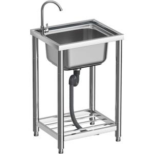 Free Standing Stainless-Steel Single Bowl Kitchen Sink Set with Faucet, Utility Washing Hand Sink for Indoor and Outdoor Use (21.6"D x 17.7"W x 31.5"H)