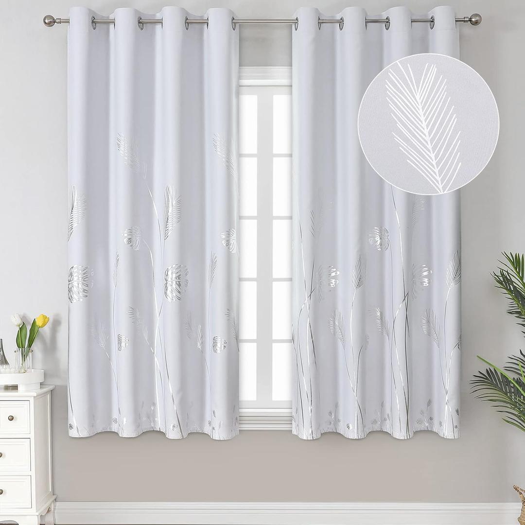 Estelar Textiler Greyish White Curtains for Bedroom 63 Inches Length Thermal Insulated Window Curtain Shades with Silver Palm Tree for Living Room, 52Wx63L, 2 Drapes