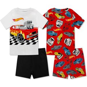 Hot Wheels Boys Pajama Set - 4 Piece Short Sleeve & Shorts Pajama Set - 100% Cotton Pjs, Snug-Fit Kids Summer Pajamas (6, Red White)