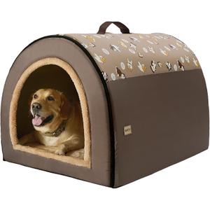 Jiupety 2 in 1 Dog House Indoor, Comfy Cave Bed Covered Dog Bed, Portable House for Large Dogs, 3XL(39"x32"x28"), Up to 90 Lb, Brown