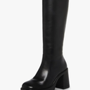 SOVANYOU Black Leather Boots Platform Boots for Women Square Toe Chunky Block Heeled Boots, 37