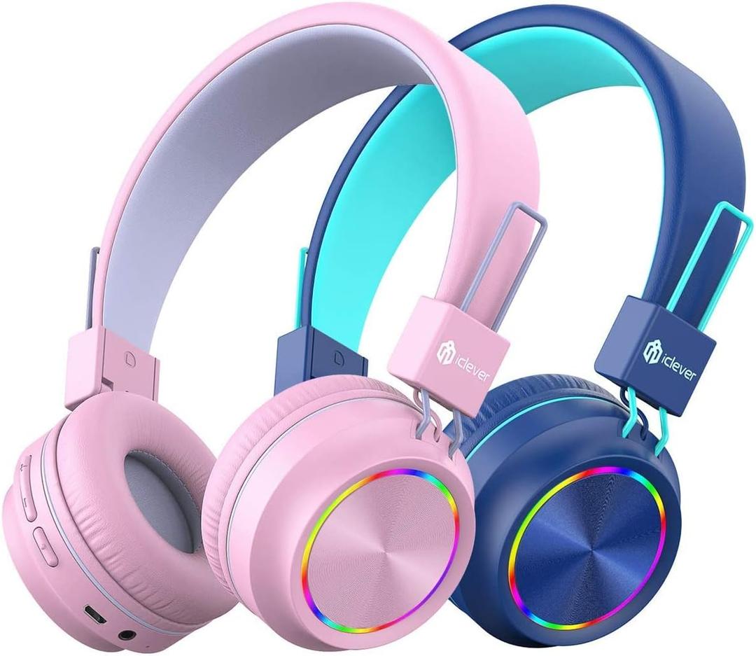 iClever BTH03 Kids Bluetooth Headphones, Colorful LED Lights,35H Playtime, Bluetooth 5.4, Type C Fast Charging, Stereo Sound Mic,On Ear Kids Wireless Headphones for iPad Airplane (Blue&Pink, 2 Pack)