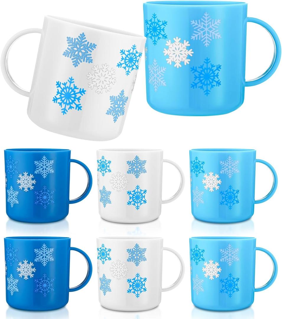 6 Pcs Christmas Mugs Bulk 6 oz Small Plastic Snowflake Mugs Reusable Hot Cocoa Mug Blue Winter Holiday Cups with Handles for Winter Party Supplies Xmas Stocking Stuffers Classroom Gifts