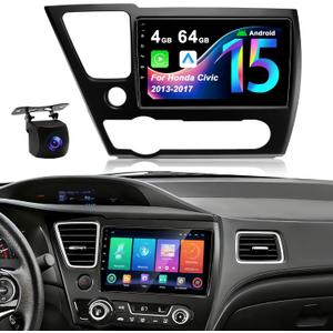 4G+64G Car Radio Stereo for Honda Civic 2013-2017: Upgrade Android 15 1280 * 720 Touchscreen Wireless CarPlay & Android Auto, Bluetooth 5.4, WiFi 6, GPS, FM, RDS, EQ, SWC, 1080P Backup Camera