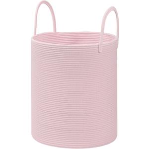 Cotton Rope Storage Basket with Handles, Pink, Large Capacity Laundry Hamper and Basket for Clothes, 15x18 Inches, Nursery Organizer (60L)