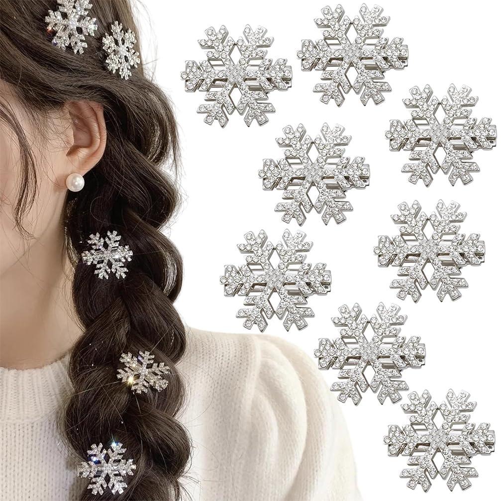 Snowflake Hair Clip White Christmas Hair Accessories, 10PCS Creative Elegant Rhinestone Ice Snow Princess Hair Clip (1.77 inch)