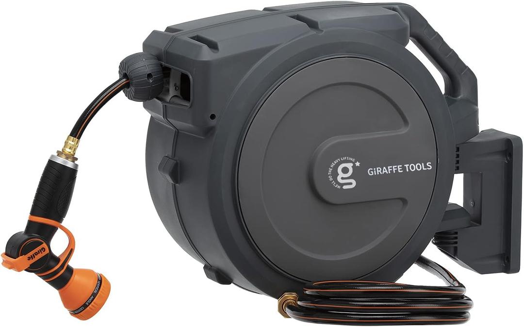 Giraffe Tools Retractable Garden Hose Reel 1/2"78FT Wall Mount Auto Rewind
Any Length Lock,Auto Rewind System,180° Swivel Bracket,Heavy Duty Hybrid Hose,Easy to Assemble,7 Spray Patterns