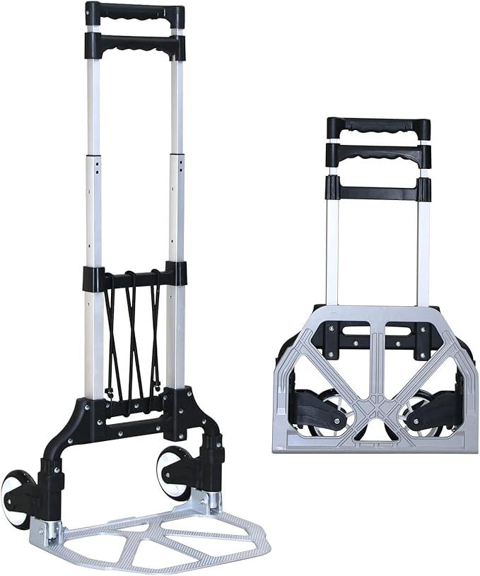 Folding Hand Truck Dolly Cart, Aluminum Portable Hand Cart for Daily handling Work，180lbs, with Silent Wheel, Telescoping Handle, Black Bungee Cord, Can Stand Alone, Light Weight