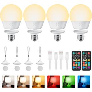 Brightown E26 Rechargeable Light Bulb with Remote and Timer, Battery Backup Bulb for Sconces and Lamps, E26 Detachable Charging for Non-Hardwired Fixture, 3 Color Temperatures + 9 RGB Colors, 4 Pack