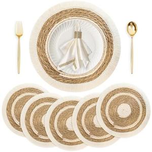 MASHDE Bohemian Woven Place Mats Set of 6, Heavy Duty Gourd Grass with Stitched Edges for Wedding Christmas Dining Table Decor, 11.6'' Round Heat Resistant​