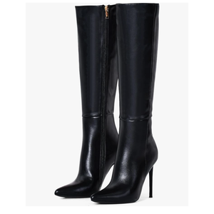 Elisabet Tang 4 inch Women's Knee High Long Boots, Stiletto Tall Pointed Toe Heeled Boot Leather Suede Comfortable Sexy, Size 9