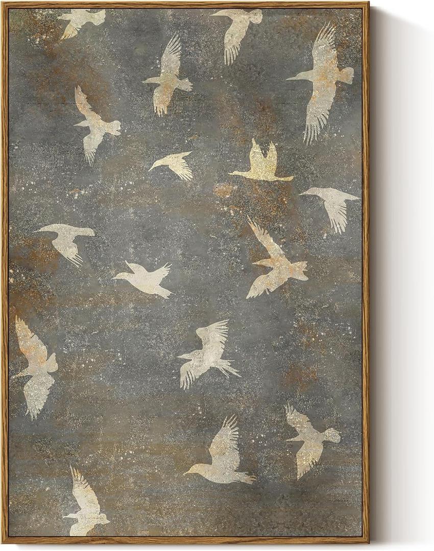 InSimSea Framed Canvas Wall Art Vintage Decor, Home Decor Painting Gold Flying Bird Collage Large Wall Decorations for Living Room, Landscape Modern Canvas Pictures Art for Bedroom Gallery, 16"x24"