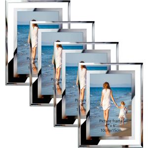 Hoikwo Bulk 4x6 Picture Frames, 4 Packs Silver Photo Frames 4 by 6, Glass Wedding Frames 4x6, Clear Mirror Wedding Photo Frames, Only for Tabletop Display Vertically or Horizontally