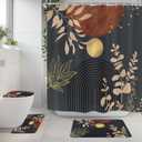 Riyidecor Mid Century Boho 4Pcs Bathroom Shower Curtain Sets Abstract Aesthetic Sun Modern Bathroom Decor Set with Rugs and Accessories Minimalist Toilet Lid Rug, Contour and Bath Mat with 12 Hooks