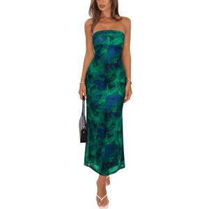 REORIA Women's 2026 Summer Floral Mesh Strapless Midi Dress Backless Beach Wedding Guest Cocktail Party Dresses Green Print Small