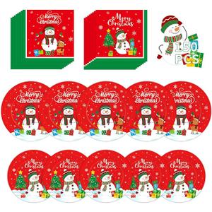 150 Pcs Merry Christmas Plates and Napkins Set  Xmas Paper Plates and Napkins, Snowman Dinner Dessert Plate Napkin Tableware Kit for Winter Christmas Party Supplies Table Decorations, Serve 50