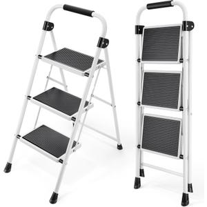Step Ladder, Folding Step Stool with Wide Anti-Slip Pedal, Sturdy Steel Ladder, Convenient Handrail, Lightweight, Portable Steel Step Stool (White)