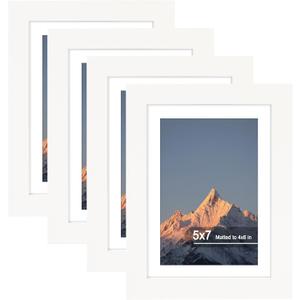 5x7 Picture Frame Set of 4, High Definition Real Glass, Display Pictures 4x6 with Mat or 5x7 Without Mat, Gallery Wall Hanging or Tabletop Photo Frames, White