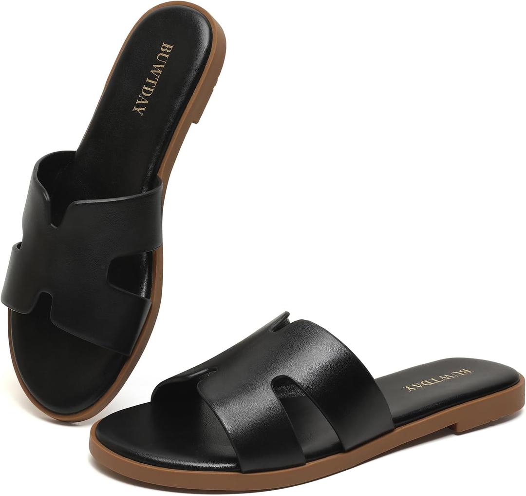 Womens Flat Sandals Dressy Summer Slides Comfortable Casual Open Toe Vacation Sandals Slip On Slides Leather Sandals for Women, Size: 10