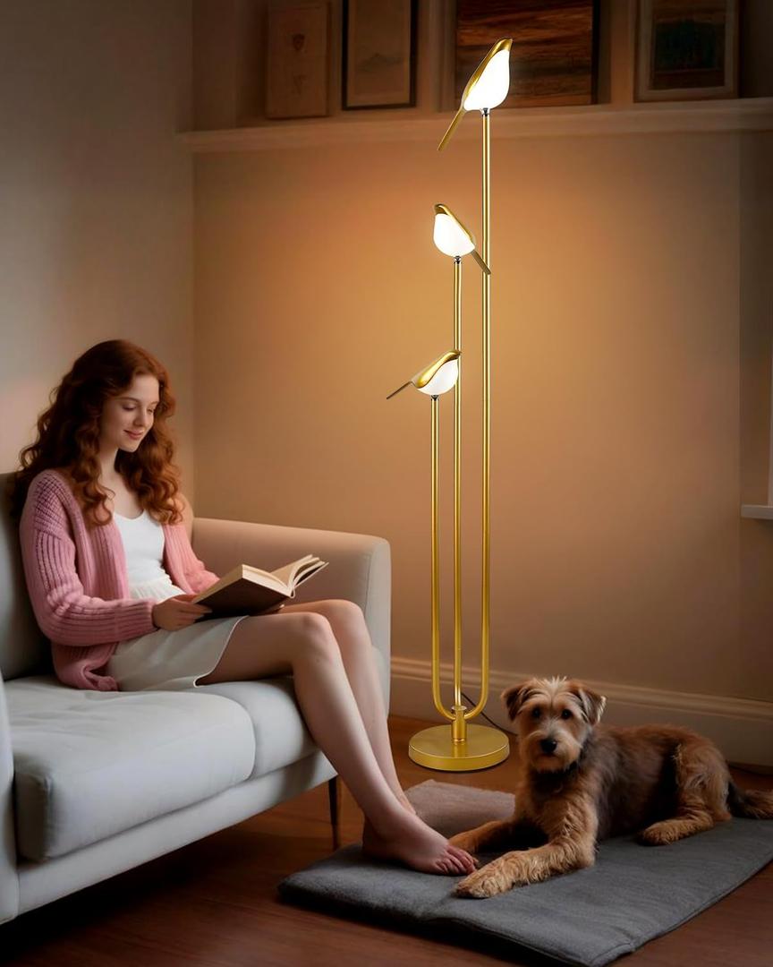 Lightdot 63IN Gold Floor Lamp for Living Room Modern Mid Century Standing Light with 3 Adjustable LED Bird Lights for Wedding Party Unique Candle Holder Style Tall Floor Lamp for Bedroom Kids Room