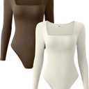 OQQ Women's 2 Piece Bodysuits Sexy Ribbed One Piece Square Neck Long Sleeve Tops (Coffee Beige, XL)
