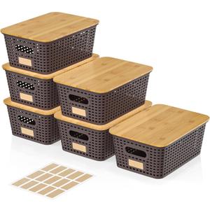 6Pcs Storage Bins with Lids, Stackable Plastic Storage Basket with Bamboo Lid, Pantry Organizer Box Small Containers for Organizing Shelves Drawer Desktop Closet Cabinet Office Classroom 10x7.1x4.1in