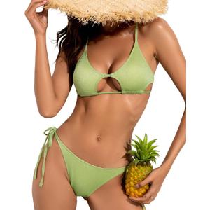ZAFUL Cutout Bikini Sets for Women Metallic Shiny Two Piece Swimwear String Triangle Bathing Suit Criss Cross Back Swimsuit (38 M)