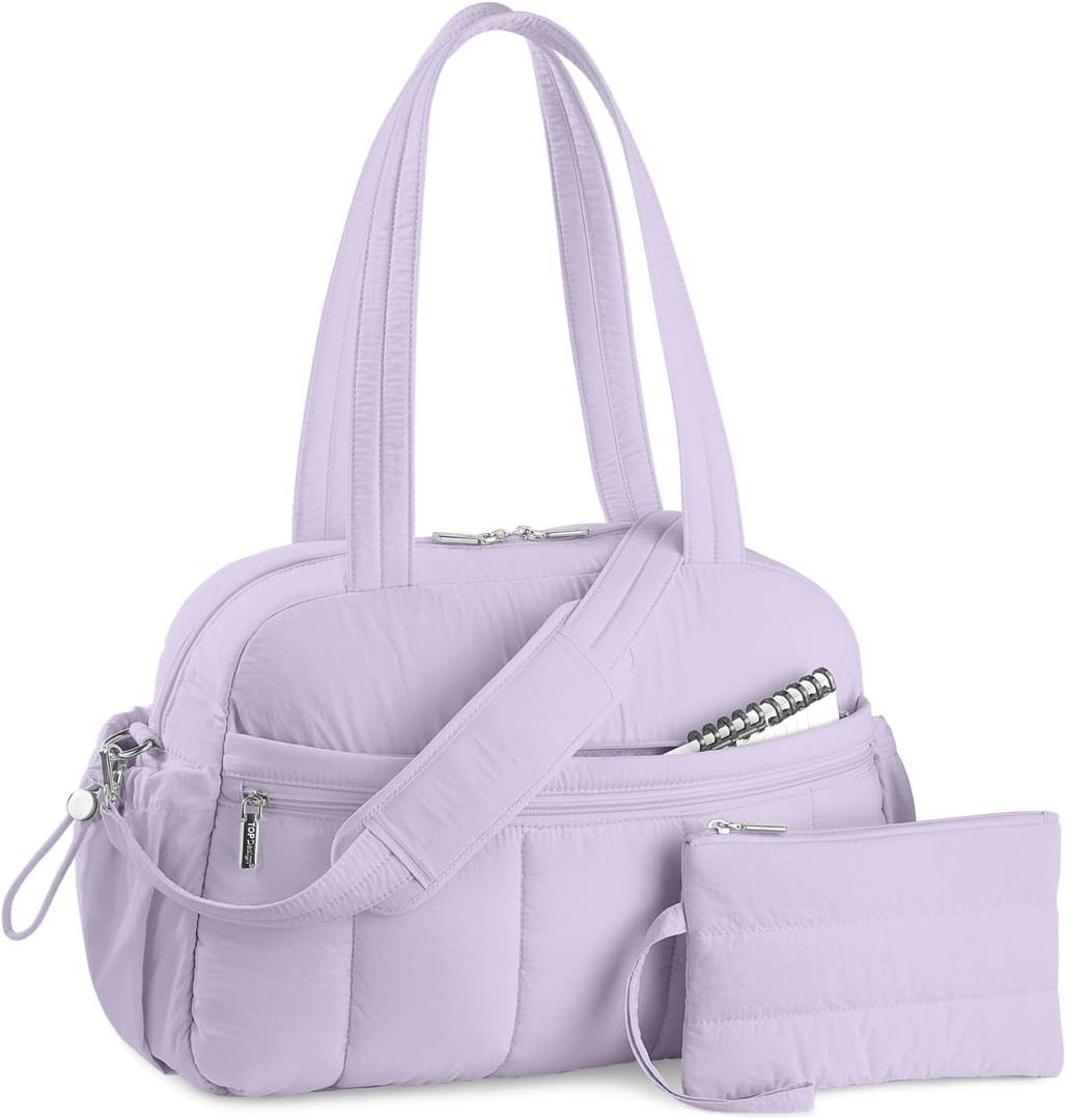 TOPDesign Travel Duffel Bag for Women, Puffer Gym Bag Sports Tote with Wet Pocket, Carry On Weekender with Luggage Sleeve (Light Purple)