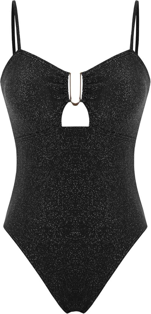 ZAFUL Women's One Piece Swimsuit Ribbed Open Back Bathing Suit Tummy Control Scoop Neck Adjustable Straps High Cut Swimwear (2-dark Black)