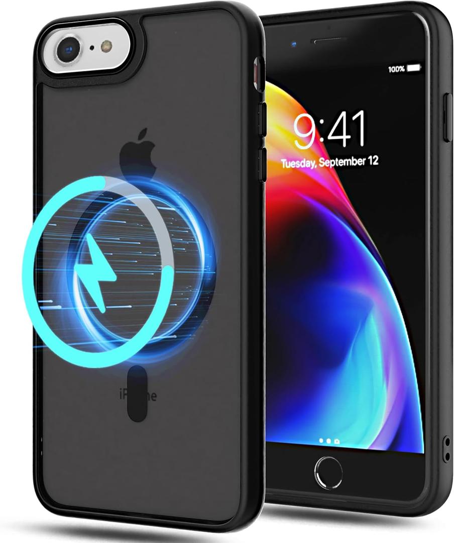 for iPhone SE Case 2022/2020,iPhone 8/7 [Wireless Charging] [Compatible with Magsafe] [Translucent Matte] [Anti-Fingerprint] Slim Hard Phone Case for iPhone 8 4.7"-Black