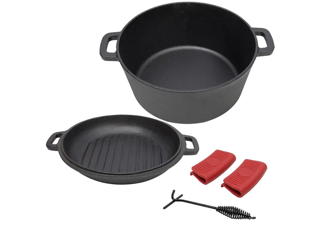 LuckyNote 3 in 1 Pre-Seasoned Cast Iron Dutch Oven, Outdoor Camping Deep Pot, 5 Quart. Cover As A Skillet with Ribbed Bottom Design. With 2pcs Silicone Handel Covers, 1PC Lid Lifter
